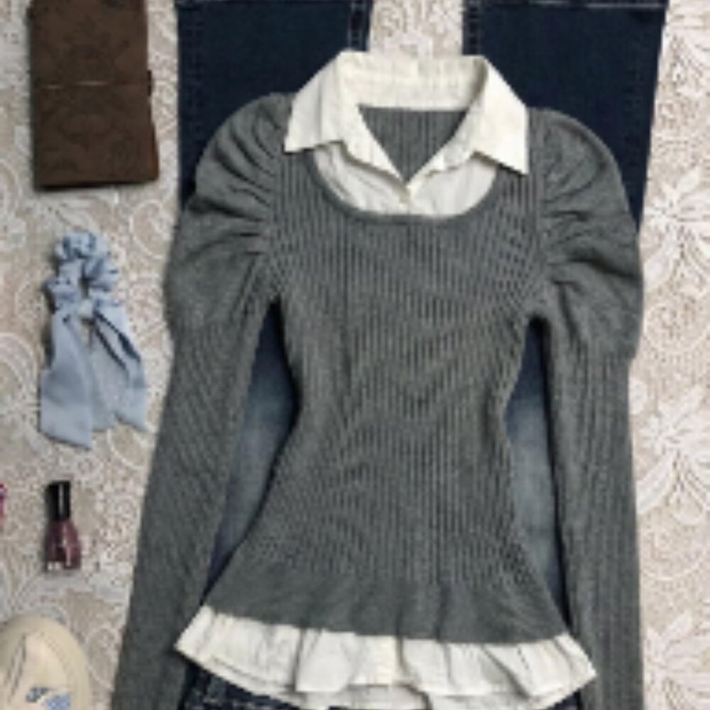 Original Gray Patchwork Lapel Knit Top with Puff … - image 2
